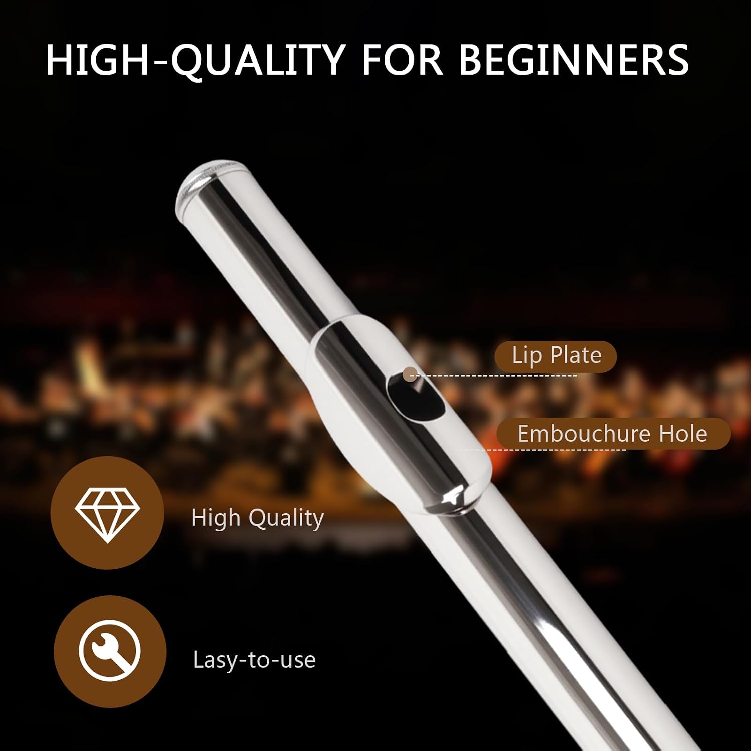 Professional Nickel Plated C Flute for Beginners and All Levels, 16 Key Closed Hole with Ergonomic Design, Includes Carrying Case, Gloves, Cleaning Cloth, Tuning Rod, INEFFA