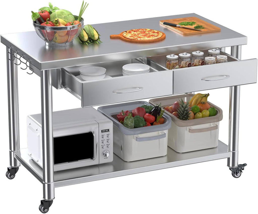 Stainless Steel Work Table with Drawers, 48'x24' Prep Table for Commercial Kitchen, Heavy-Duty Workbench Worktable Rolling Kictchen Island with Wheels for Home Kitchen and Restaurant
