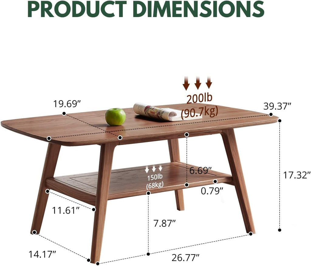 Mid Century Modern Coffee Table: 100% Solid Wood Coffee Table - 2-Tier Storage Design - Practical Coffee Tables for Living Room, Apartment, Easy Assembly (Walnut, 39.37')