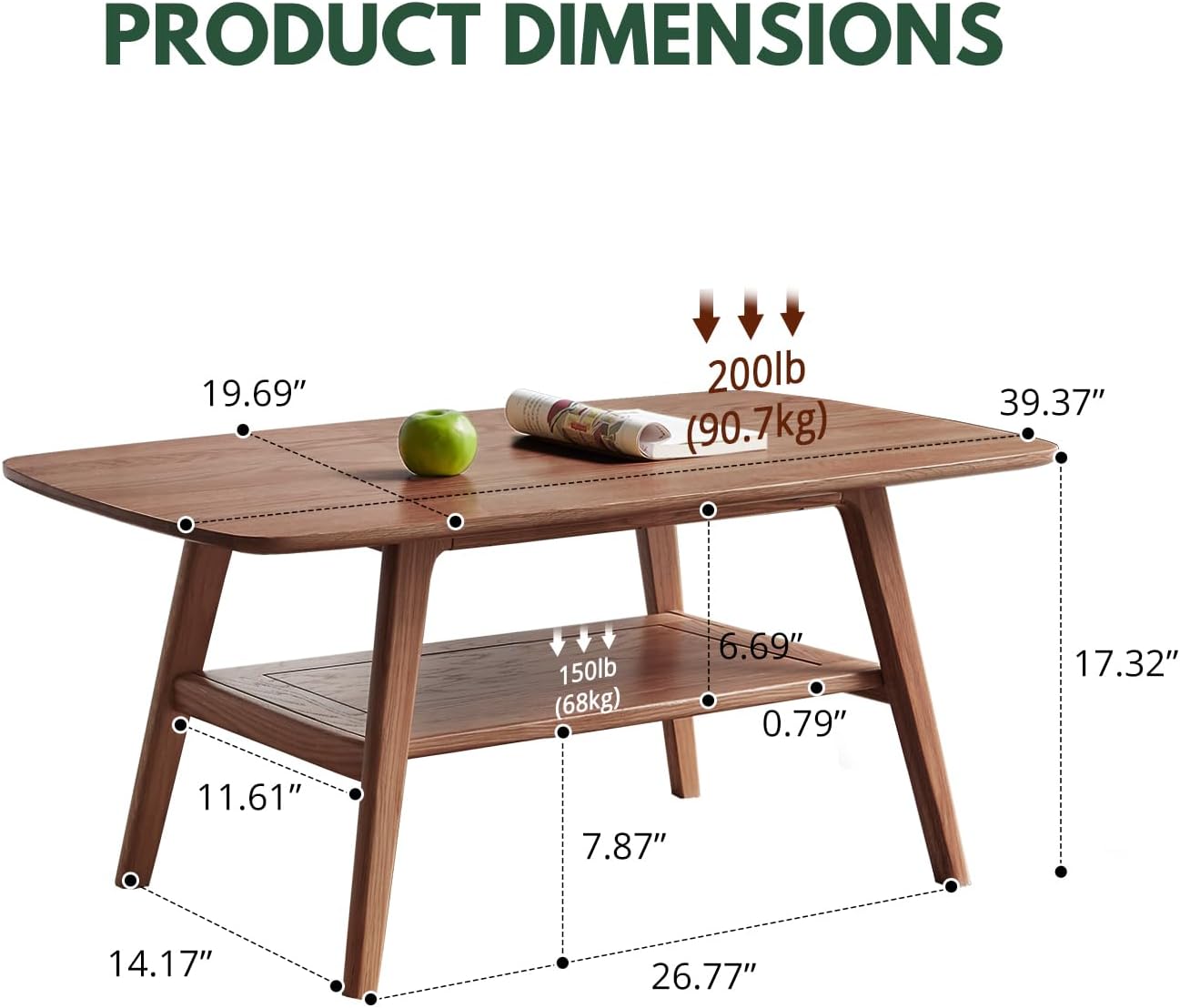 Mid Century Modern Coffee Table: 100% Solid Wood Coffee Table - 2-Tier Storage Design - Practical Coffee Tables for Living Room, Apartment, Easy Assembly (Walnut, 39.37')