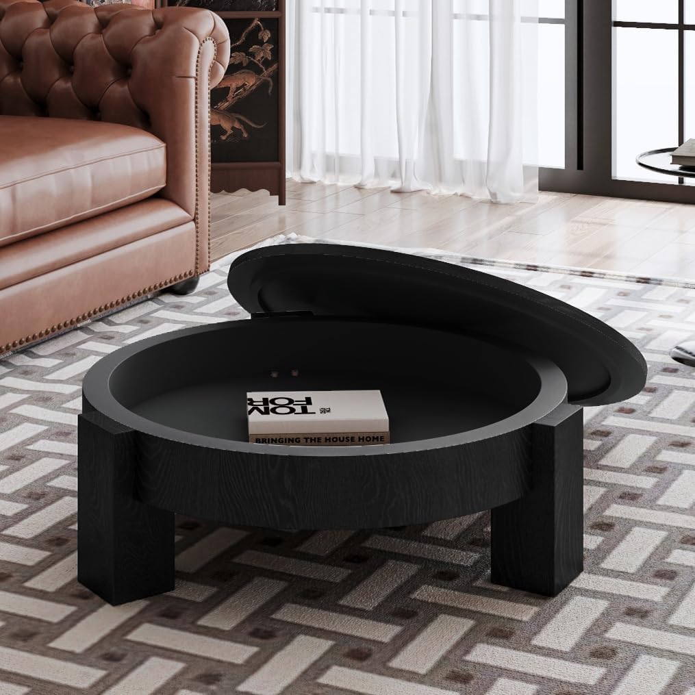 33'' Round Coffee Table with Hidden Storage, Modern Wood Veneer Top, 3 Block Legs Sturdy Center Accent Table for Living Room, Small Space, Black