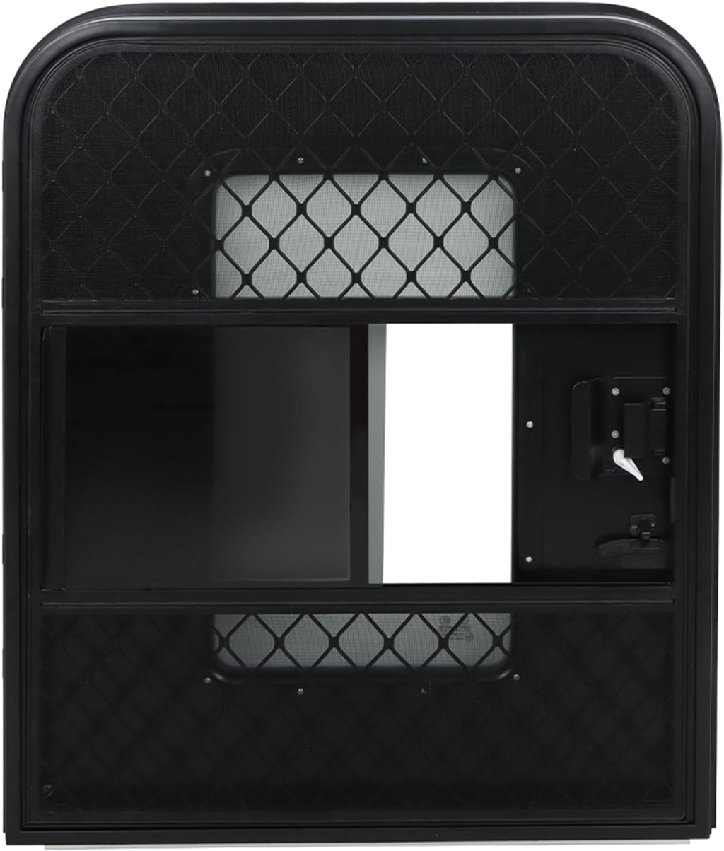 labwork 30(W) x 36(H) Passenger RV Entry Door with Radius Corners on Top and Square Bottom with Screen Door and Window Black
