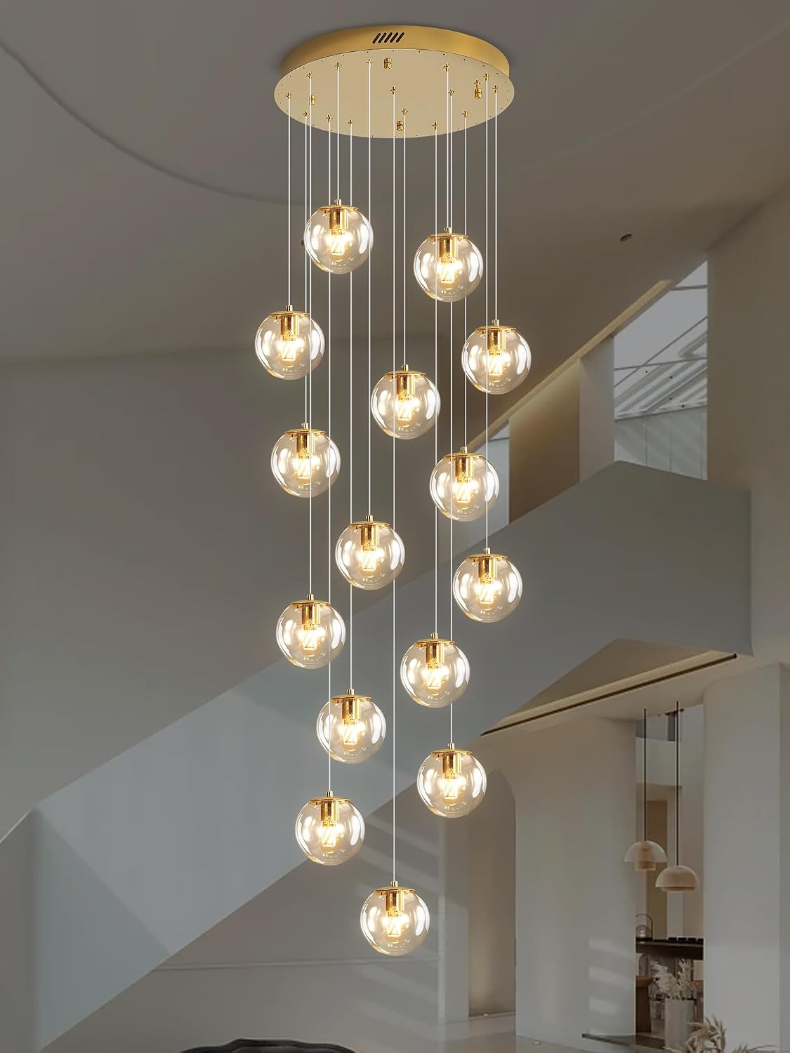 ykolupty 15-Light Gold Chandelier with Globe Glass Dimmable Ceiling Light Glass Pendant Light for Kitchen Island, Dining Room, Living Room, Entry Hallway, LED Bulbs Included