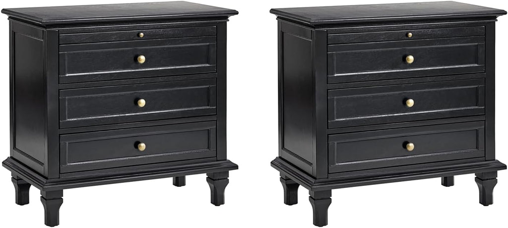 HULALA HOME Farmhouse 3 Drawer End Table with Tray, Drawer Organizer with Solid Wood Legs, End Table with Charging Station（Black, Set of 2）