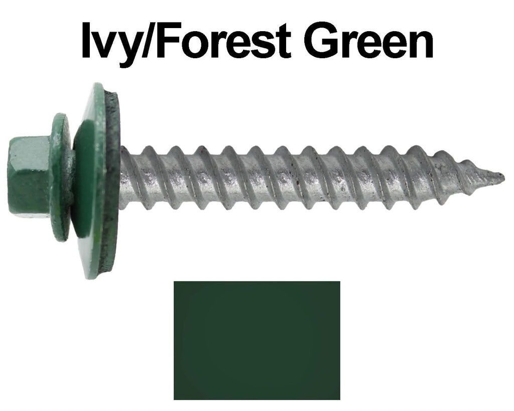 12 x 1-1/2' Ivy Green Metal Roofing Screws - Hex Washer Head- Self-Starting/Tapping - EPDM Washer. 6 X 250 Bags - 1,500 Screws