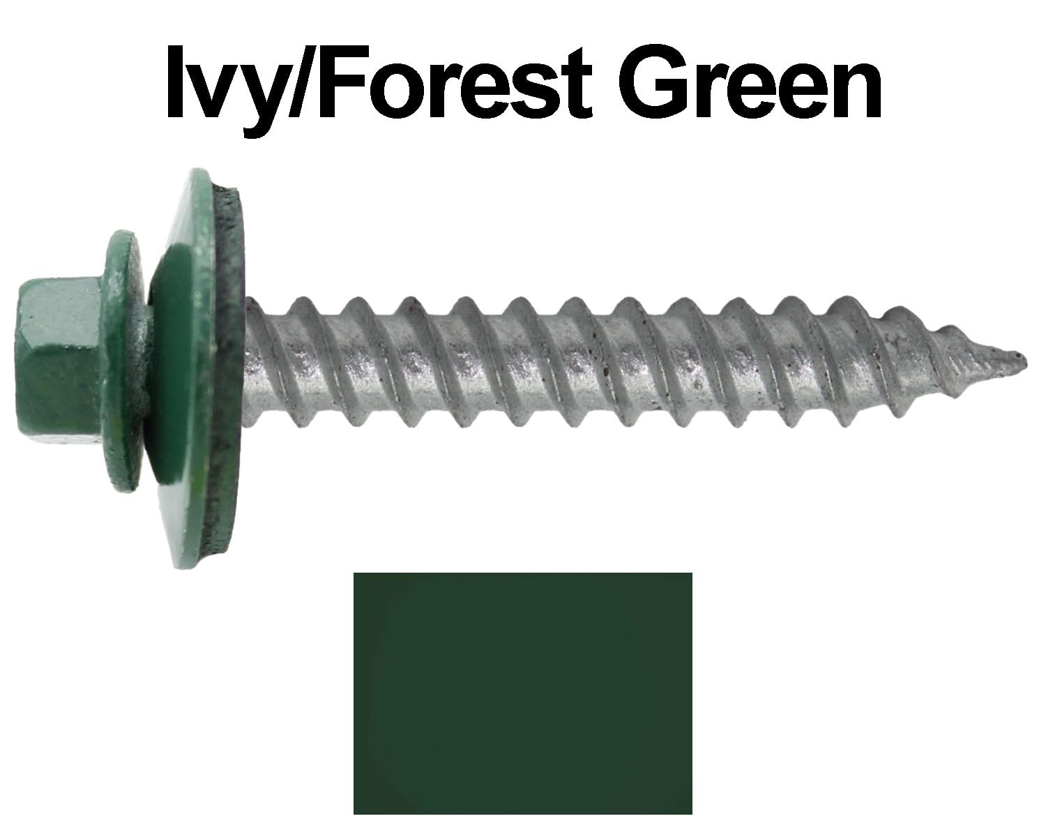 12 x 1-1/2' Ivy Green Metal Roofing Screws - Hex Washer Head- Self-Starting/Tapping - EPDM Washer. 6 X 250 Bags - 1,500 Screws