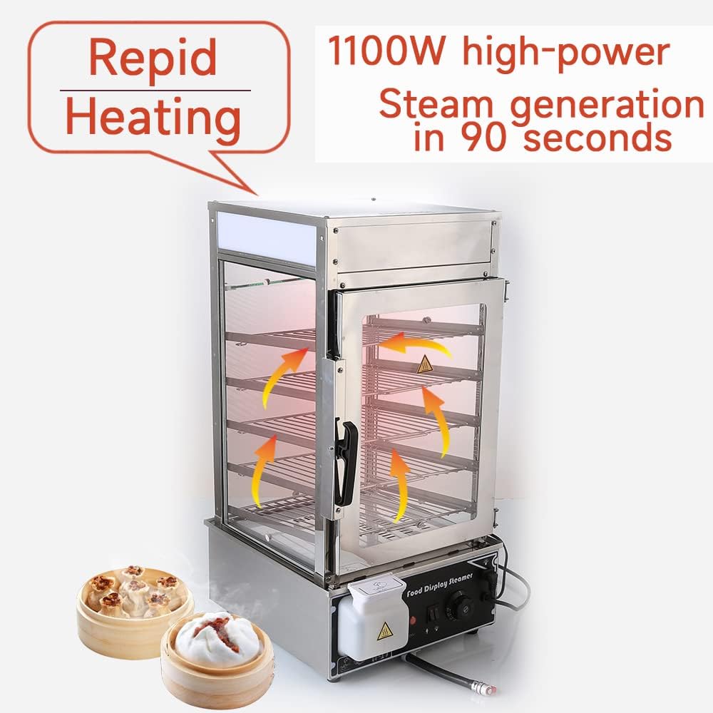 5-Tier Electric Bun Steamer, Commercial Stainless Steel Food Warmer Display with Automatic Temperature Control, for Buns, Baozi, Siomai, Corn, Buffet, Kiosk, Restaurant