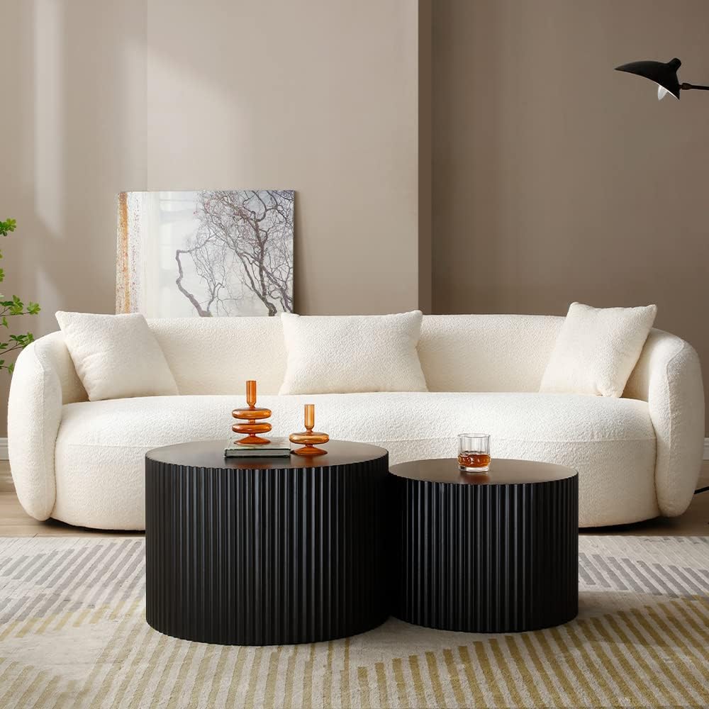WILLIAMSPACE Black Round Nesting Coffee Table Set of 2, Modern Wooden Center Tables Accent End Tea Table for Living Room Apartment, No Need Assembly (Black-Round)