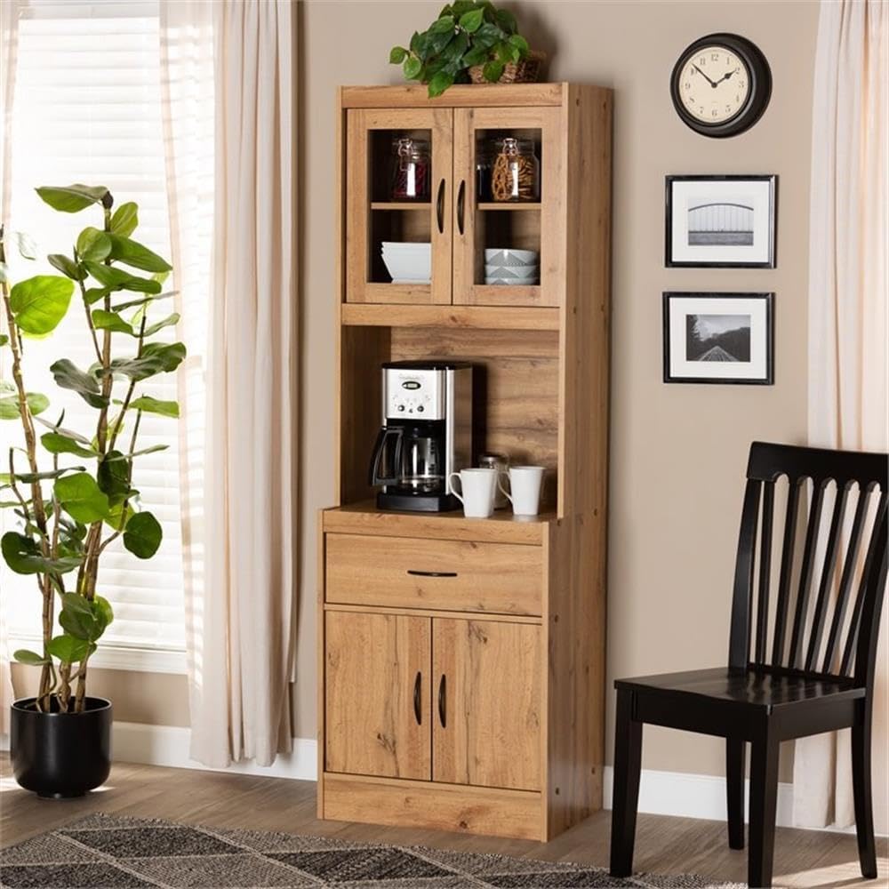 BOWERY HILL Wood Kitchen Cabinet and Hutch, 70.87' H x 23.62' W x 15.75' D, Oak Brown Finish, 4 Shelves, Drawer, Cord Management, Anti-Topple Kit, Modern Style Storage for Kitchen Appliances
