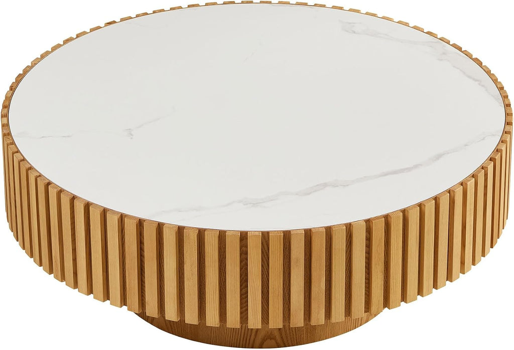 35.43'' Round Coffee Table with Faux Marble Tabletop, Modern Drum Center Coffee Tables Luxury Circle Coffee Table for Bedroom,Apartment,Living Room-Natural