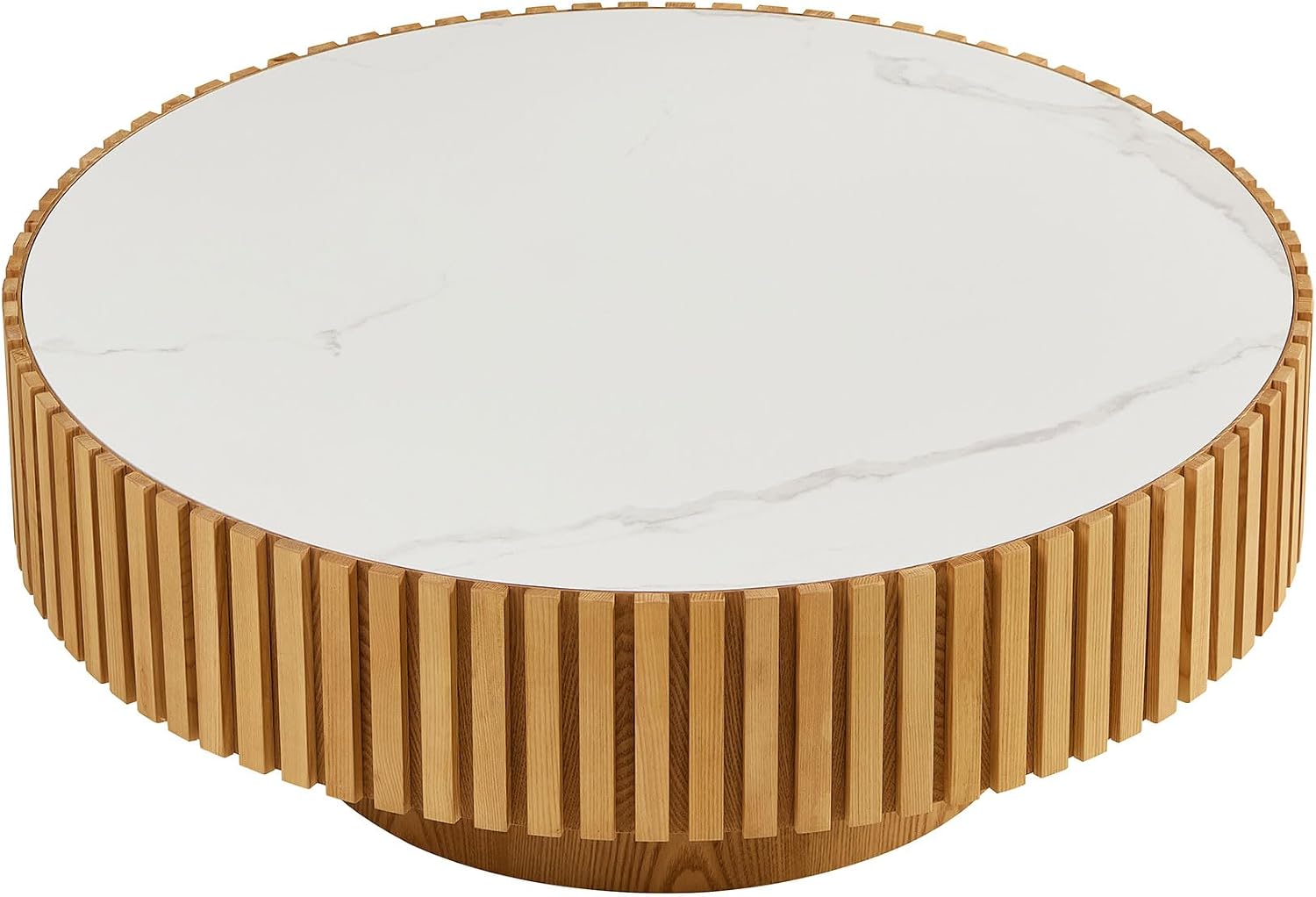 35.43'' Round Coffee Table with Faux Marble Tabletop, Modern Drum Center Coffee Tables Luxury Circle Coffee Table for Bedroom,Apartment,Living Room-Natural