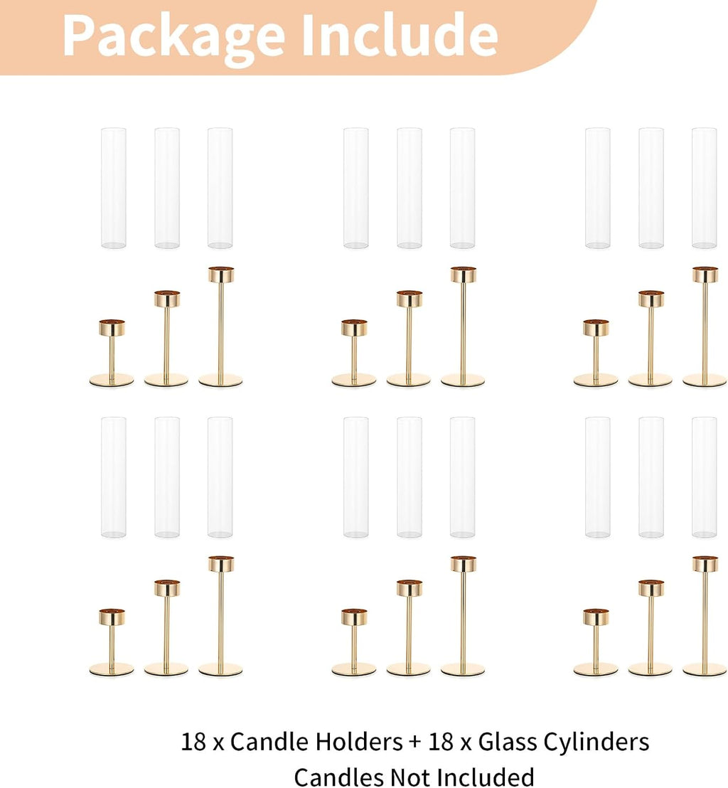 NUPTIO Candle Stick Holder for Wedding: 18 Pcs Tall Hurricane Gold Candles Holder with Clear Glass Chimney Cover - Tapered Candlestick Decor Bulk for Party Centerpiece