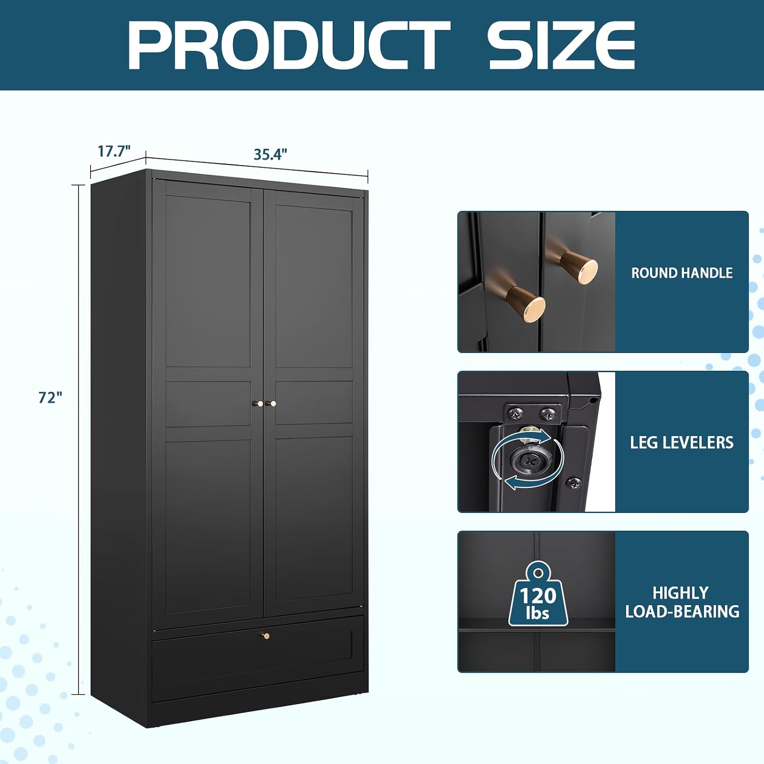MIIIKO Wardrobe Closet with Drawer, 2 Doors Clothes Cabinet, 72' Metal Storage Cabinets with Hanging Rod and Shelf, Bedroom Armoires Laundry Room and Office Clothes Storage Organizer Cabinets