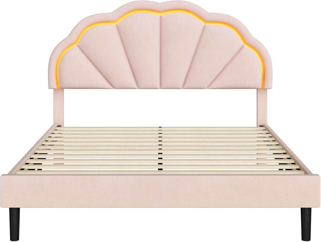 HIFIT Full Upholstered Smart LED Bed Frame with Adjustable Chic Petal Headboard, Princess Full Size Platform Bed Frames for Girls, Wooden Slats Support, No Box Spring Needed, Easy Assembly, Pink