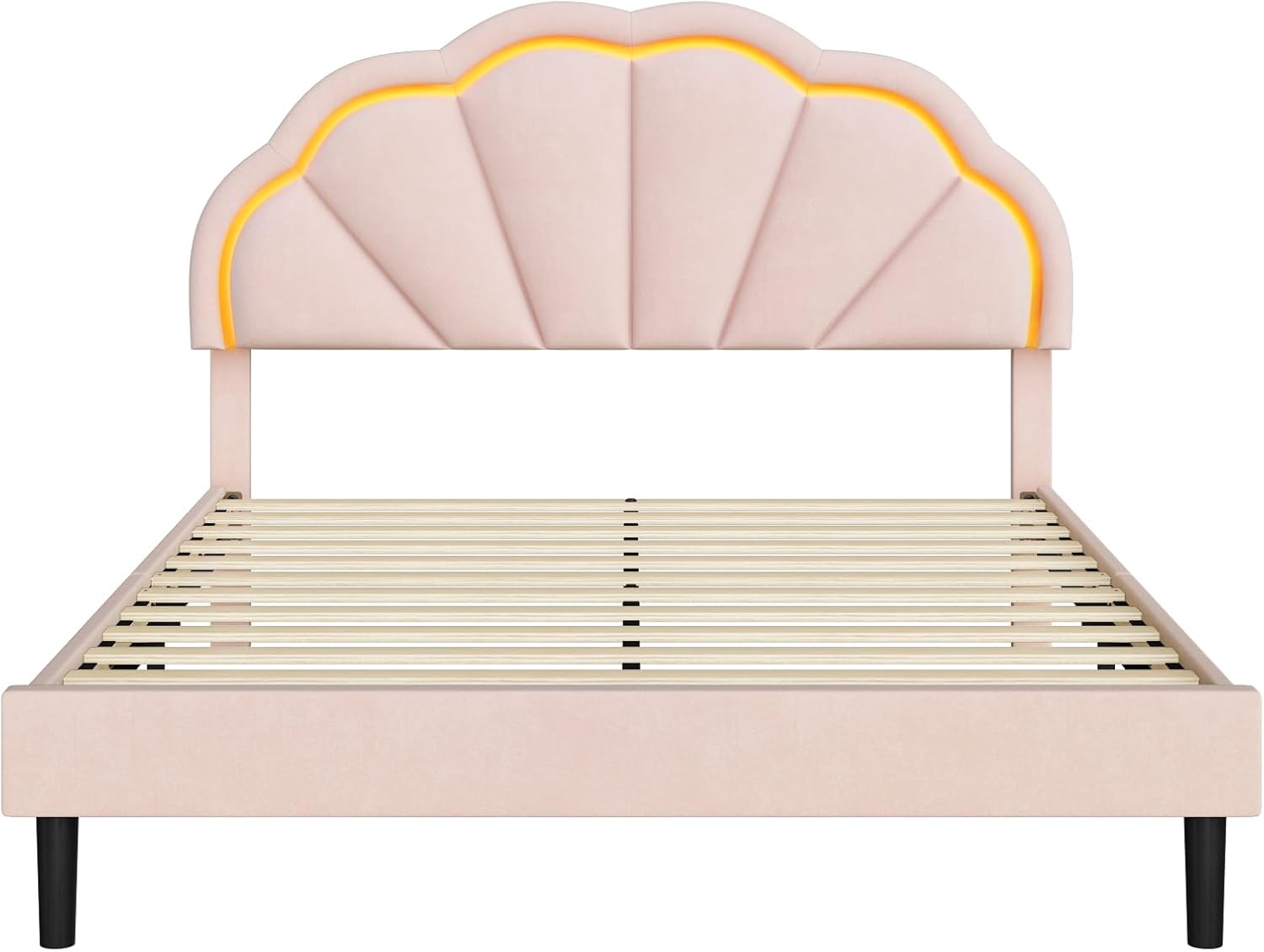 HIFIT Full Upholstered Smart LED Bed Frame with Adjustable Chic Petal Headboard, Princess Full Size Platform Bed Frames for Girls, Wooden Slats Support, No Box Spring Needed, Easy Assembly, Pink