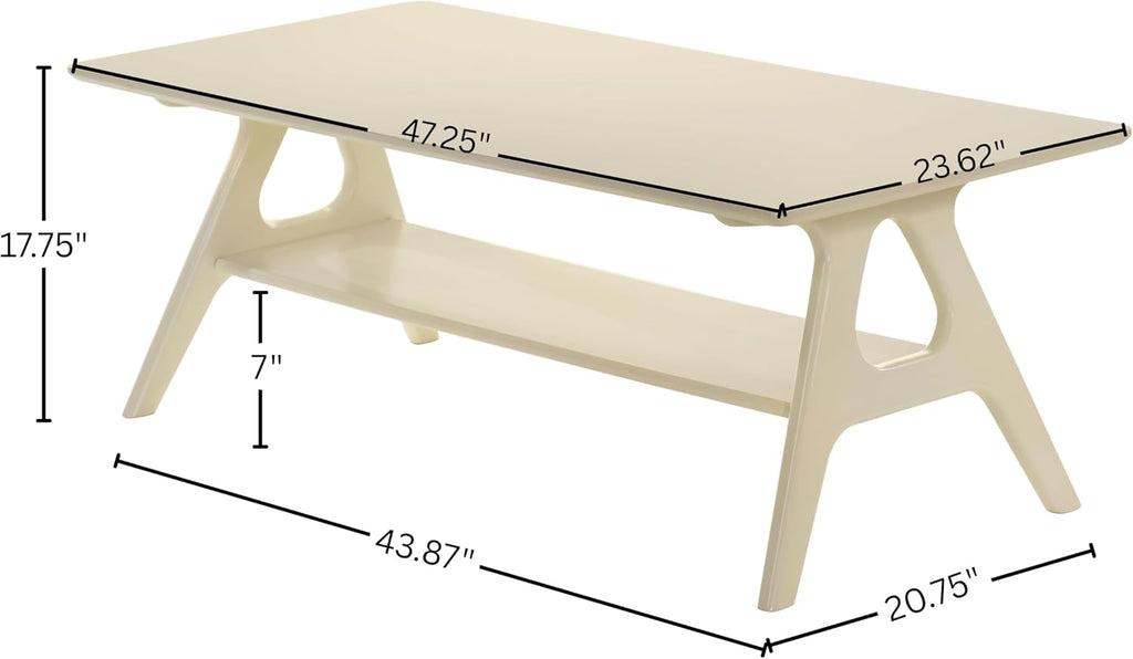 Roundhill Furniture Arona Mid-Century Modern Wood Shelf Coffee Table, Off-White Finish