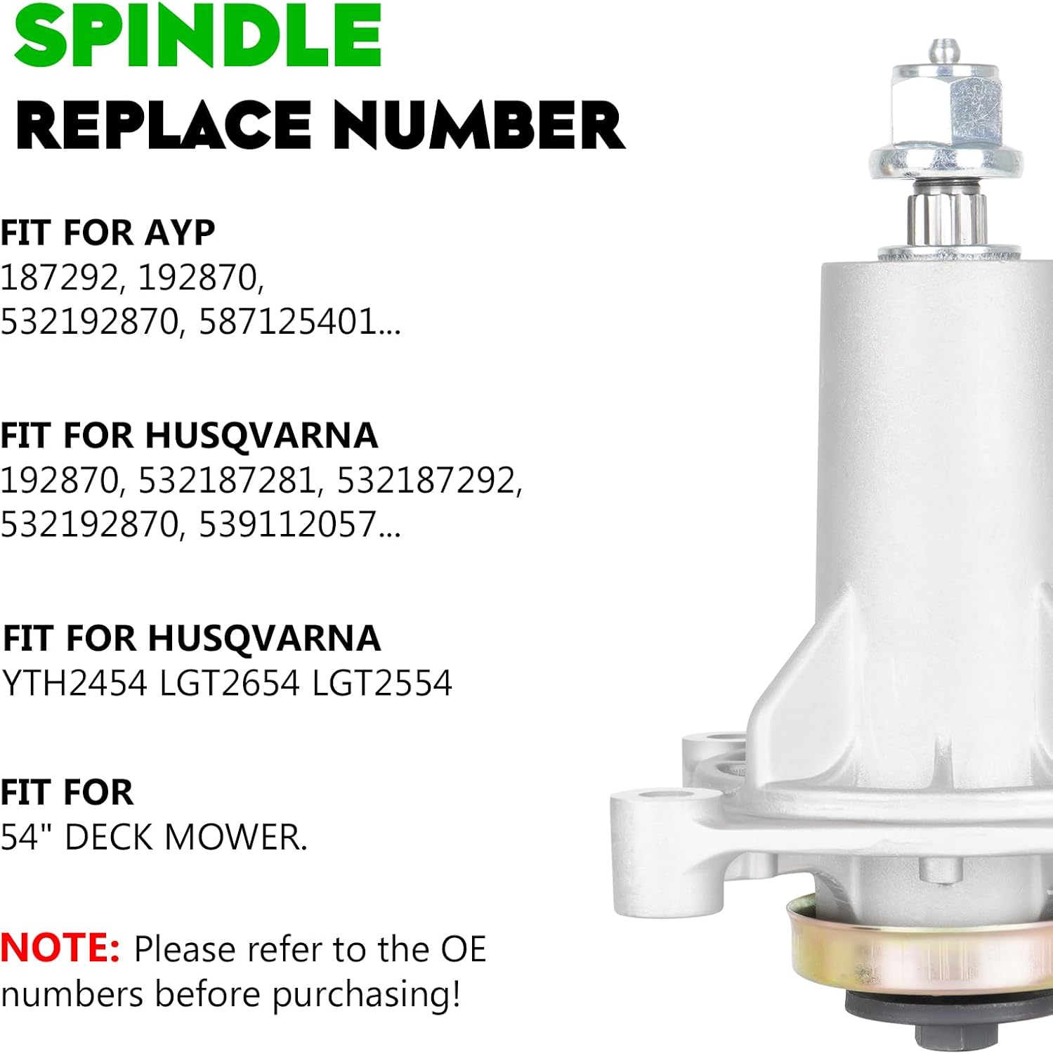 54' Deck 187292 Spindle Rebuild Kit for Craftsman/for Husqvarna YTH2454 LGT2654 LGT2554,Include 3 Spindles 187292 192870, 3 Pulleys 129861, 3 Blades 187256, 1 147 1/2' Deck Belt 196103