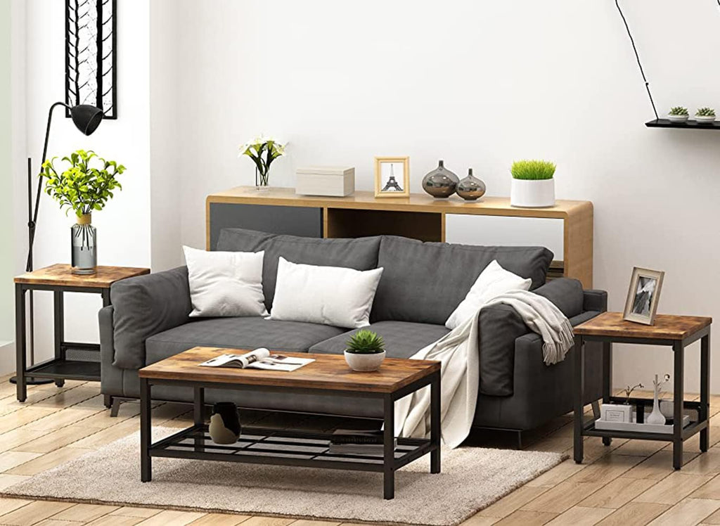 Lamerge 3 Pieces Living Room Table Set, Industrial Coffee Table with 2 Square End Side Tables, Coffee Table Set with Metal Frame for Apartment Home Office, Rustic Brown