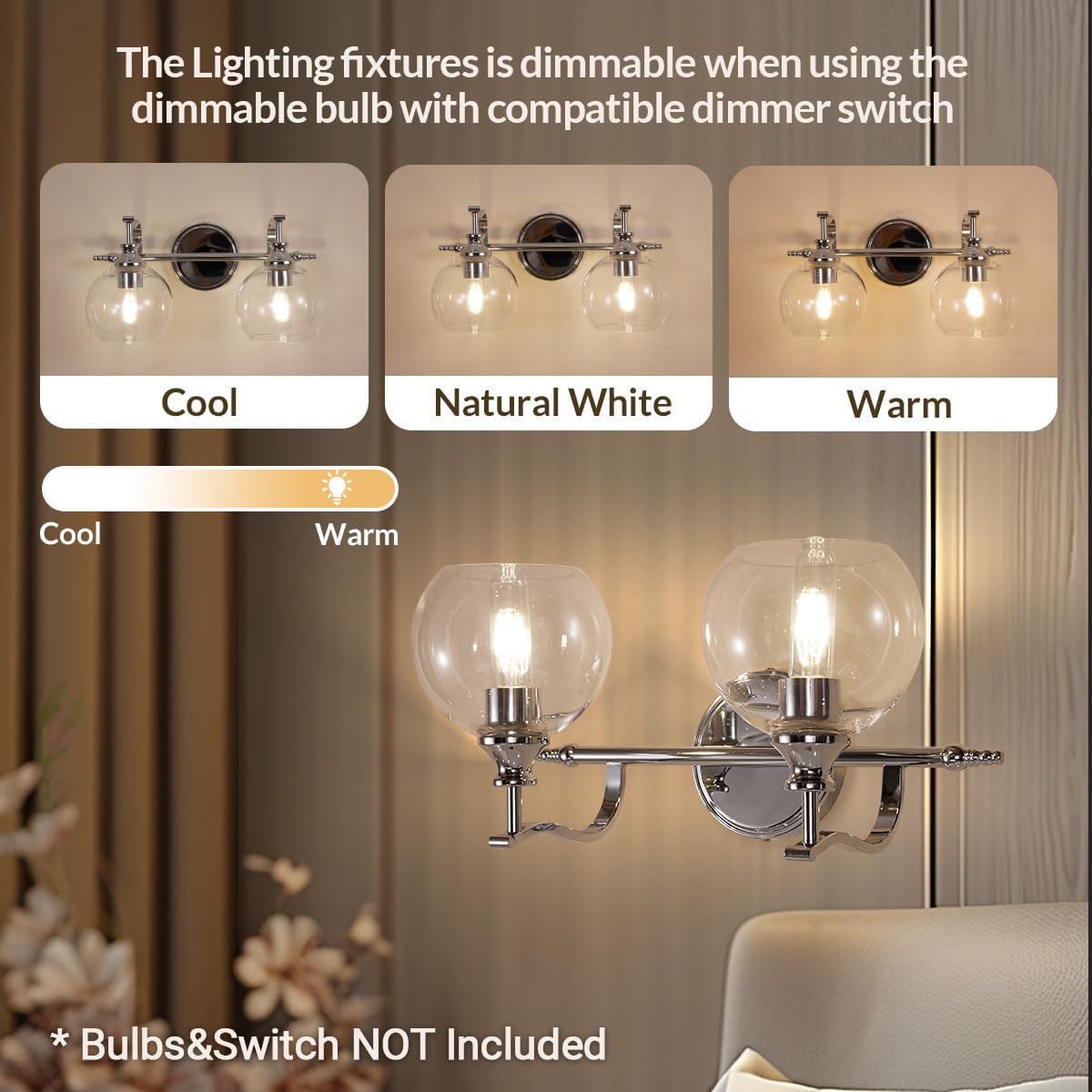 ANDY STAR Chrome Bathroom Light Fixture, 2-Light Modern Vanity Lights, Modern Wall Sconce with Clear Globe Glass Shades, Industrial Wall Lamp with Curved Arm for Bathroom, Powder Room, Over a Mirror