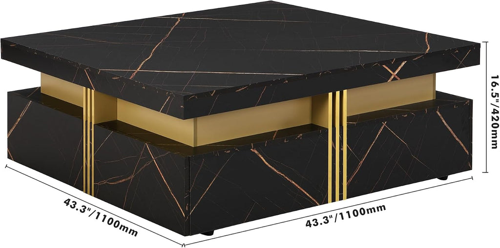 Merax Modern White and Gold Square Coffee Table with 4 Drawers, Ample Hidden Storage, Durable MDF Construction, Sleek Accent End Table for Living Room, Lounge, and Apartment Decor, Black