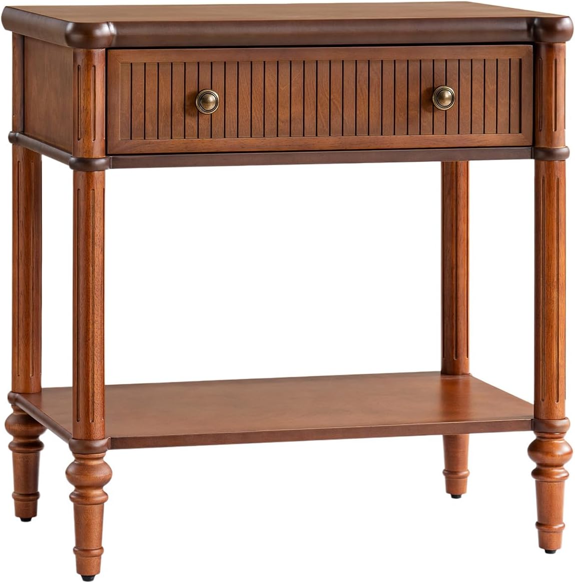 HULALA HOME Traditional End Table with Open Shelf, Fluted Nightstand with Charging Station, Paulownia Wood Drawer Side Table, Brown