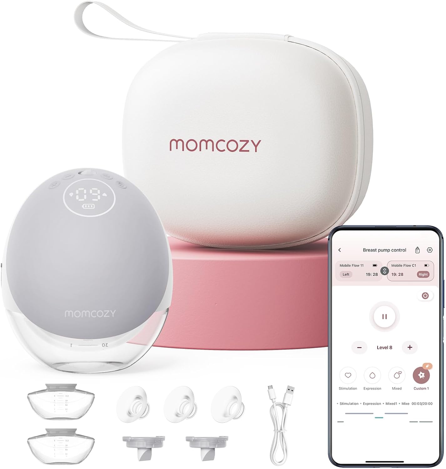 Momcozy Breast Pump Hands Free Upgraded Mobile Flow | M9, App Discreet Control with Personalized Multi-Modes & 15 Levels, Wearable Breast Pump 24mm, 1 Pack Gray