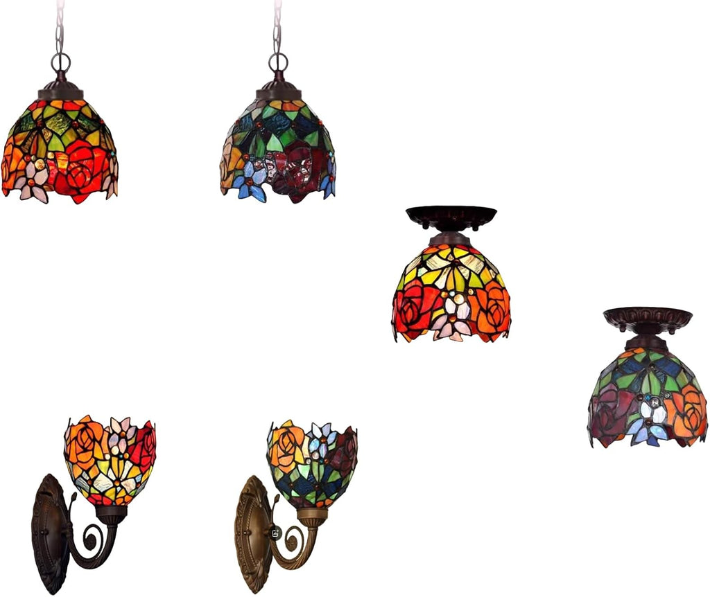 2 Sets Rose Blue Lampshade Replacement, Tiffany Style Vintage Handmade Red Orange Green Stained Glass Crystal Beads Shade for Wall Sconce, Ceiling Light, Pendant Lamp,Chandelier