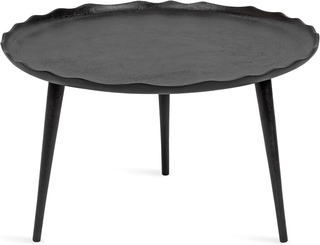 Kate and Laurel Alessia Modern Round Metal Coffee Table; 26 x 26 x 16; Black; Sand Cast Aluminum Coffee Table with Raised Deckled Edge for Storage and Display