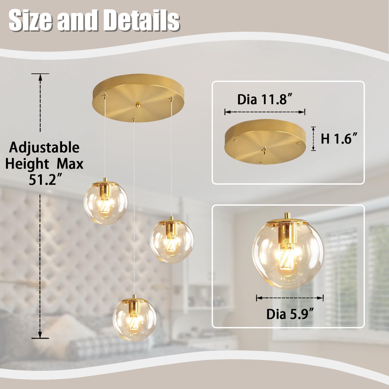 ykolupty 3-Light Modern Gold Pendant Light Hanging Fixture Light for Kitchen Island Mid Century Globe Pendant Light Glass Chandelier for Living Room Bedroom Entryway