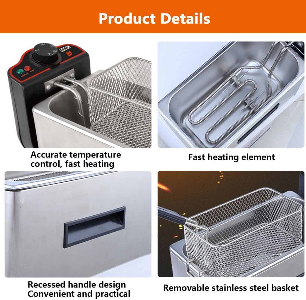 AIZYR Single Tank Electric Deep Fryer, Stainless Steel Oil Fryer with Basket Frying Pot Adjustable Temperature for Restaurant Or Home Use