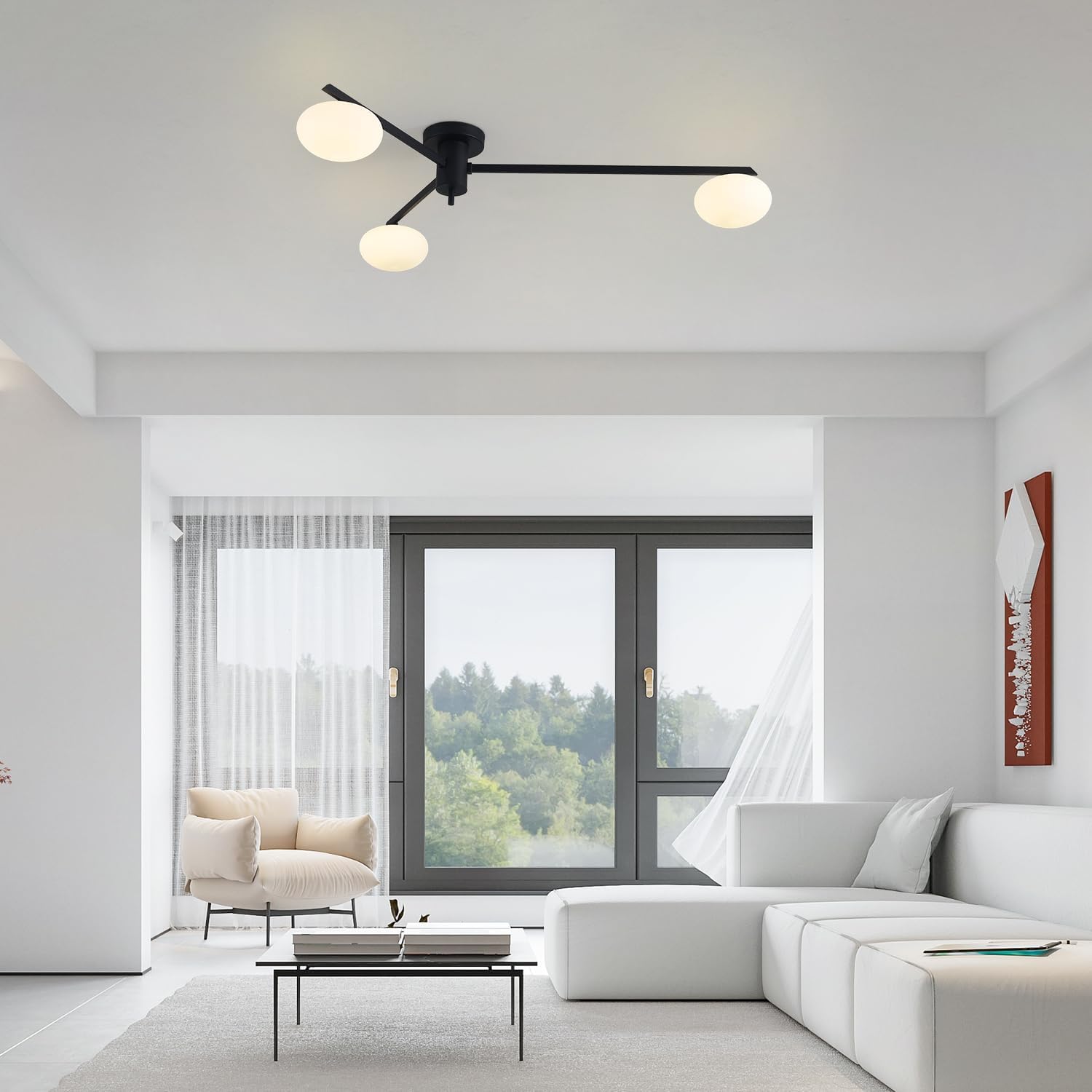 3-Light Modern Sputnik Chandelier with Milk Glass Shade - Black Flush Mount Ceiling Light for Kitchen