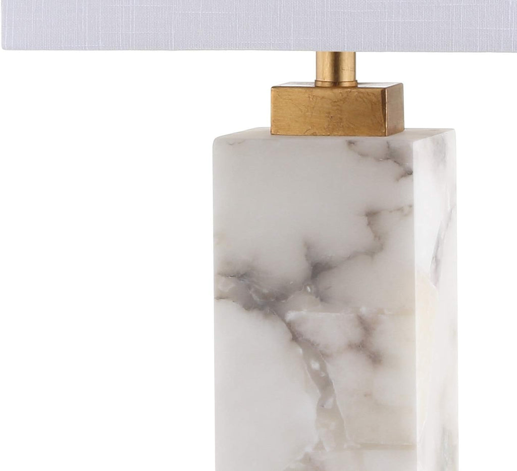 JONATHAN Y 27.5' White/Gold Modern Alabaster Rectangular Table Lamp with Night Light Contemporary Coastal Bedside Lamp for Bedroom with White Linen Shade LED Bulbs Included JYL6201A