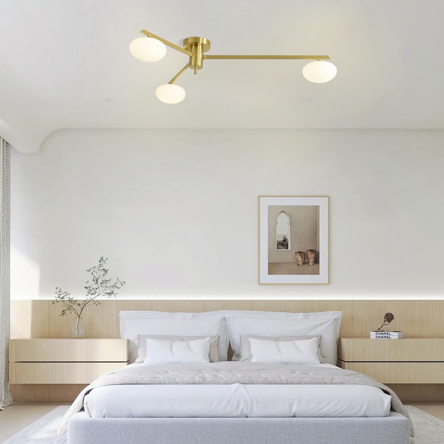 3-Light Gold Sputnik Ceiling Light Fixture,with Opal Glass Shade | low ceiling gold chandelier, dining room bedroom foyer, warm ambient lighting, easy DIY install, mid-century style