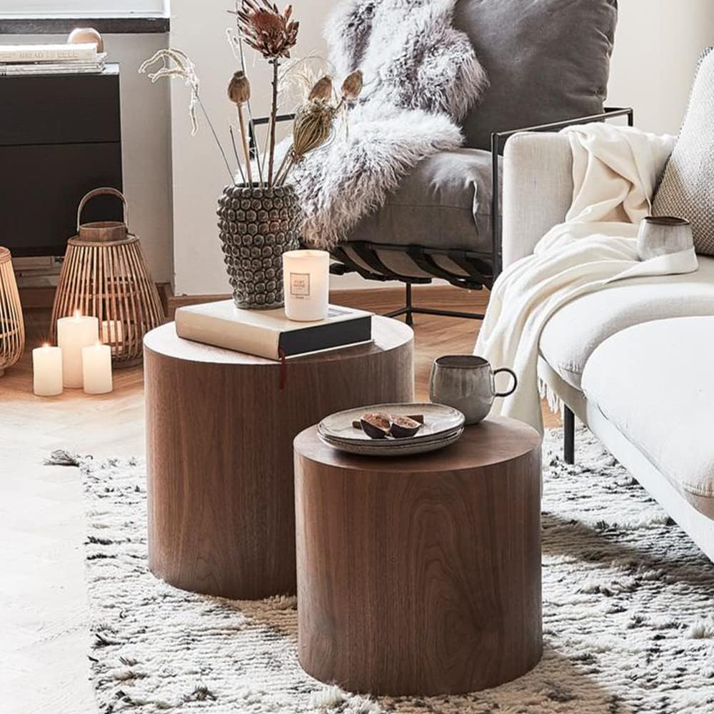 18.9' Round Nesting Coffee Table Set of 2,Wooden Circle Coffee and End Tables,Durable Accent Furniture,Modern Space-Saving Design for Small Living Rooms,Offices,No Assembling Needed (Walnut)
