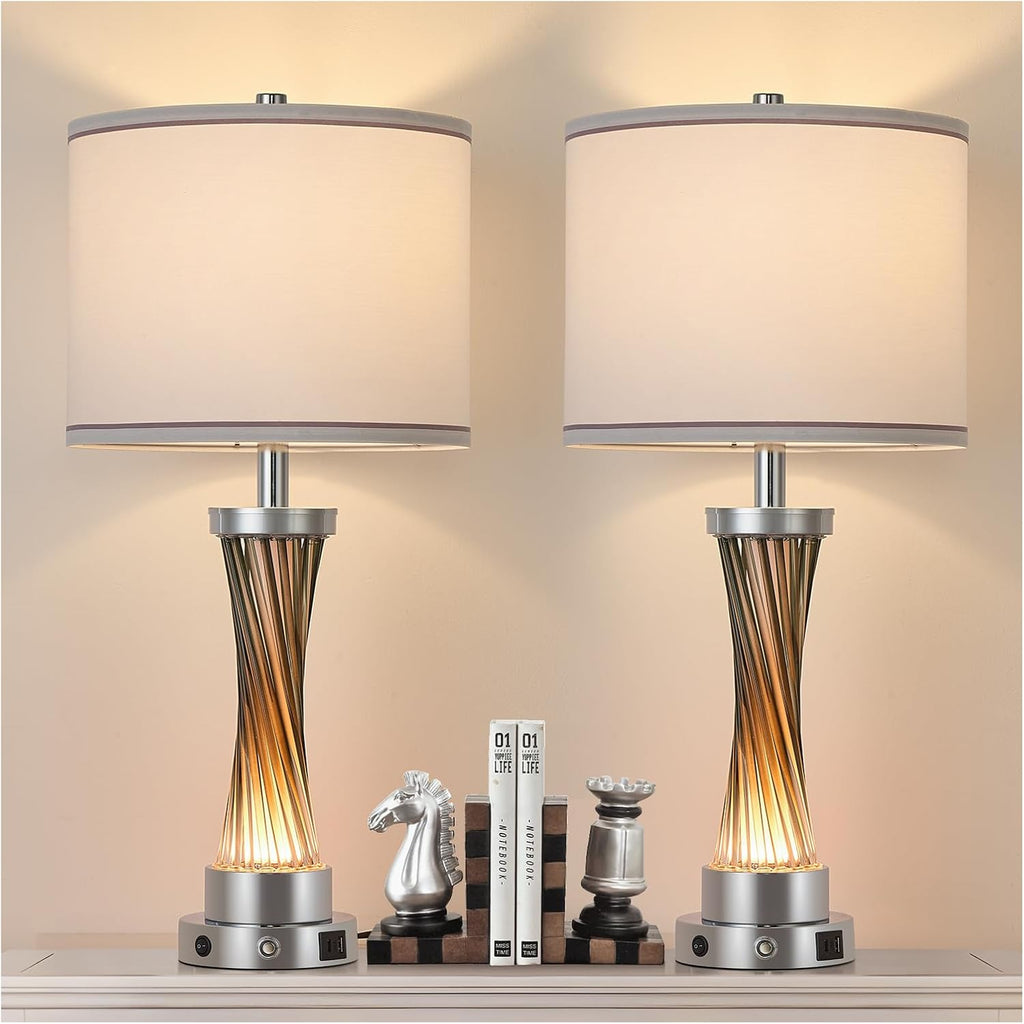 3-Way Dimmable Table Lamp Set of 2,Touch Control Lamp with Night Light,Modern Crystal Table Lamps for Bedroom,Living Room，Bedside Lamps with USB A+C Ports，Fabric Lampshade(Blubs Included)