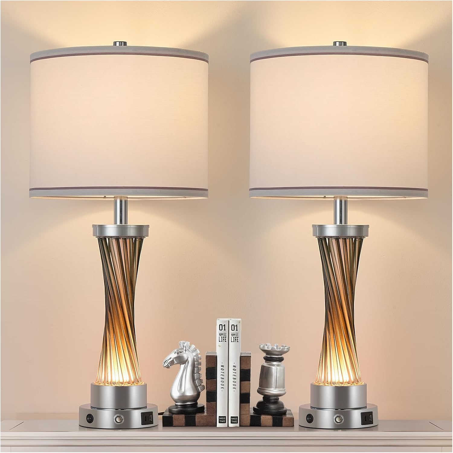 3-Way Dimmable Table Lamp Set of 2,Touch Control Lamp with Night Light,Modern Crystal Table Lamps for Bedroom,Living Room，Bedside Lamps with USB A+C Ports，Fabric Lampshade(Blubs Included)