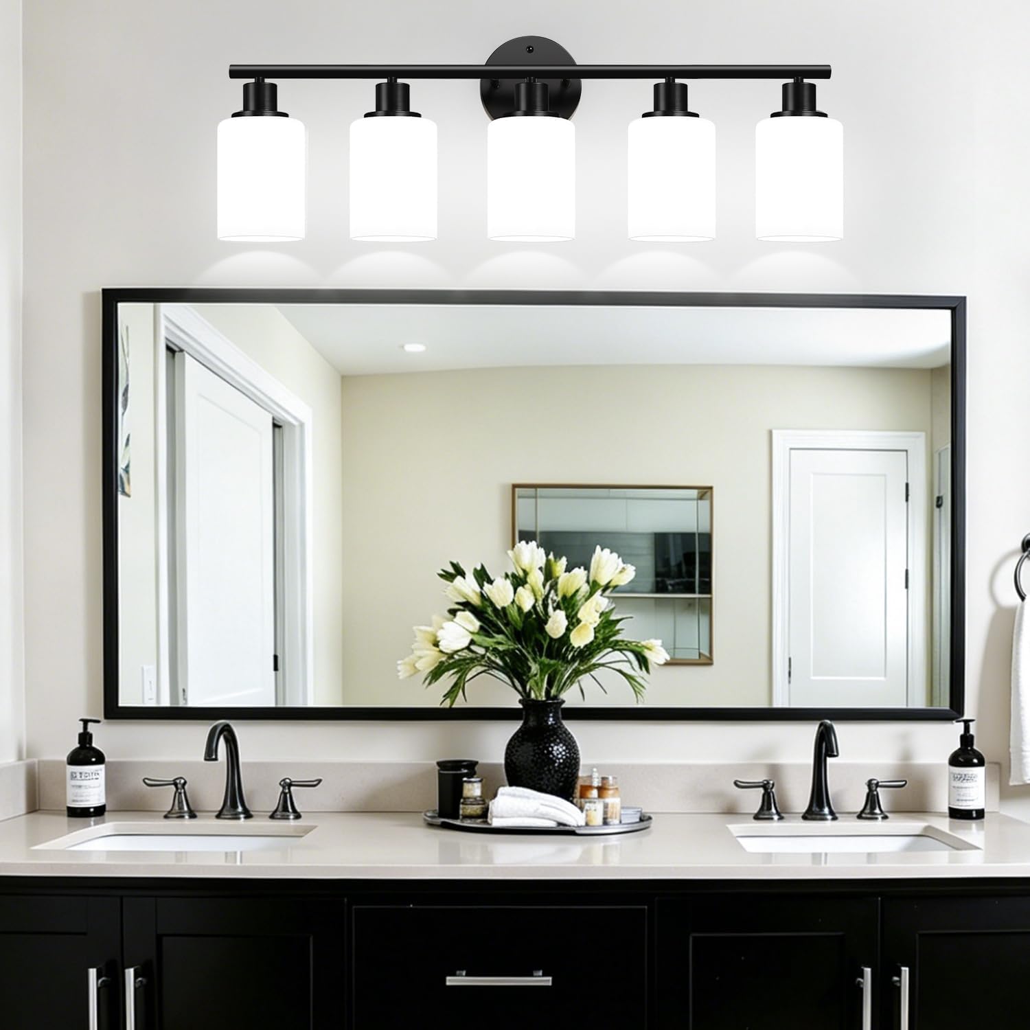 5-Light Bathroom Light Fixtures, Black Modern Vanity Lights with Milky White Frosted Glass Shades, Bathroom Wall Lamp, Clear Glass Shade, for Mirror, Living Room, Kitchen, Hallway, Cabinet, Porch