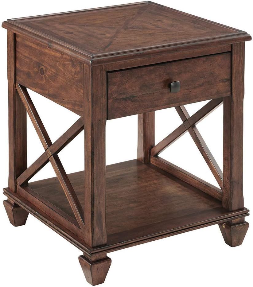 Stockbridge 21-Inch Square Wood End Table with Drawer, Traditional Cherry Stain Finish, Sturdy Pine Construction, Includes Storage Shelf and Functional Drawer for Living Room Essentials