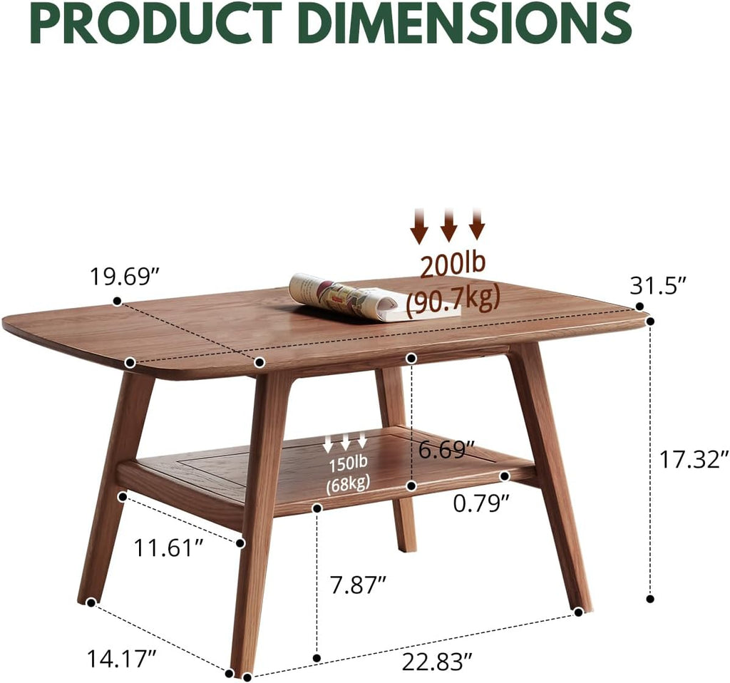 Mid Century Modern Coffee Table: 100% Solid Wood Coffee Table - 2-Tier Storage Design - Space Saving Small Coffee Tables for Living Room, Apartment (Walnut, 31.49')