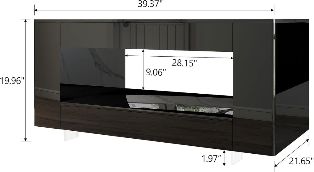 Glossy Coffee Table with Open Shelf Storage - High Gloss Modern Cocktail Table for Living Room, Bedroom, Office
