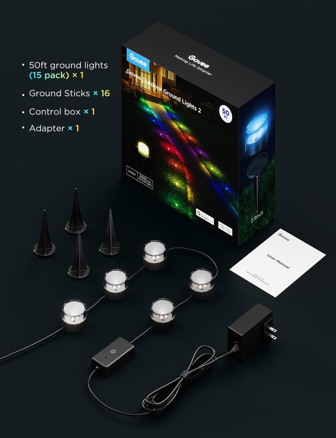 Govee Outdoor Ground Lights 2, 50ft Patio Decorations, 15 Pack RGBIC Pathway Lights with 100LM Warm White, IP67 Waterproof, 63 Scene Modes, Works with Alexa, Google Assistant