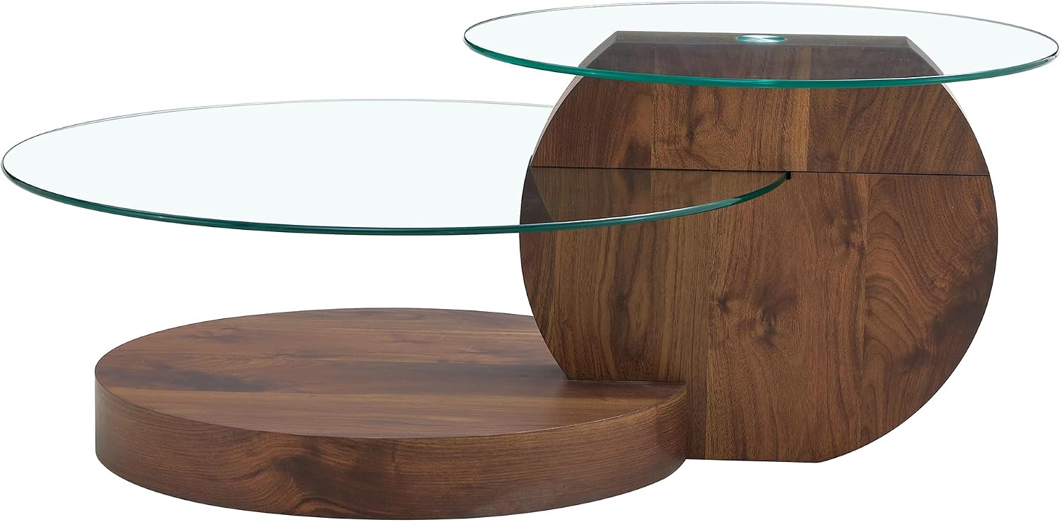 Round Glass Coffee Table, Modern Tempered Glass Coffee Tables for Living Room, 3-Tier Circle Walnut Coffee Table with Storage Clear Cocktail Table for Small Space Home Office