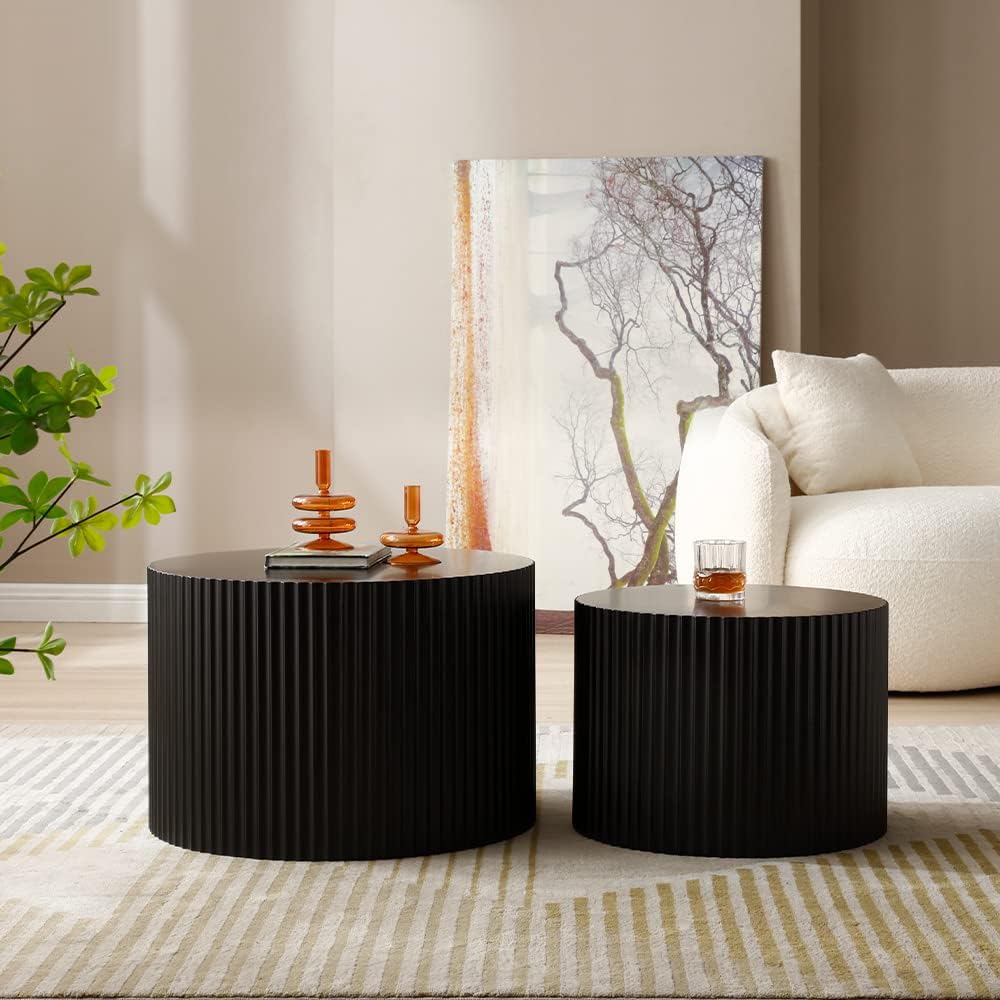 WILLIAMSPACE Black Round Nesting Coffee Table Set of 2, Modern Wooden Center Tables Accent End Tea Table for Living Room Apartment, No Need Assembly (Black-Round)