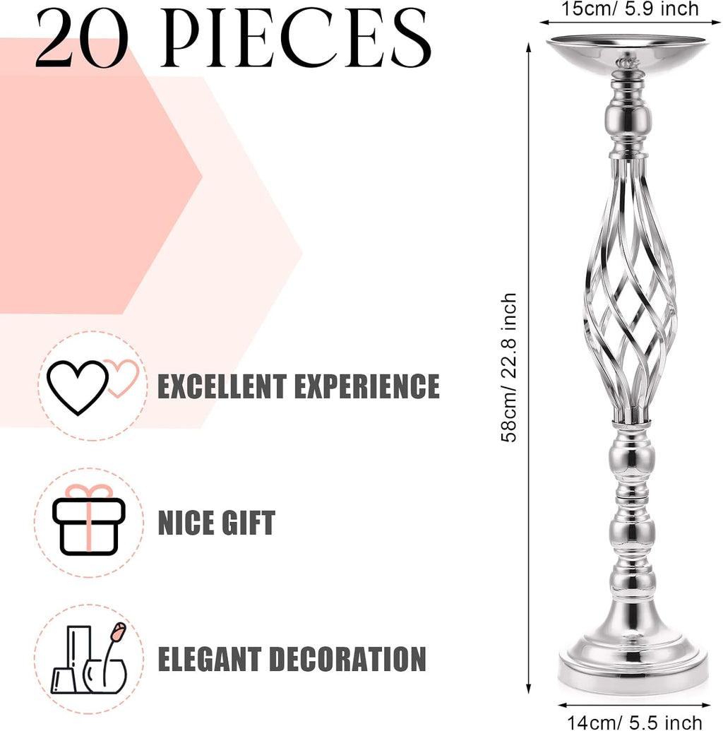 Rtteri 20 Pcs Large Wedding Centerpiece Table Decorations Tall Metal Flower Arrangement Stand Elegant Flower Vase Candle Holder for Wedding Reception Table Party Event Hotel Home Decor (Silver,Large)