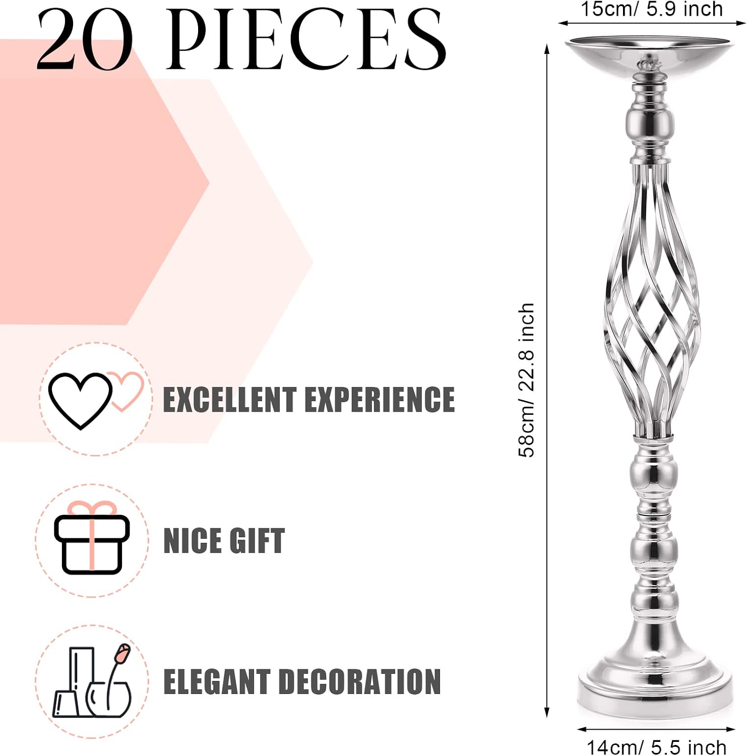 Rtteri 20 Pcs Large Wedding Centerpiece Table Decorations Tall Metal Flower Arrangement Stand Elegant Flower Vase Candle Holder for Wedding Reception Table Party Event Hotel Home Decor (Silver,Large)