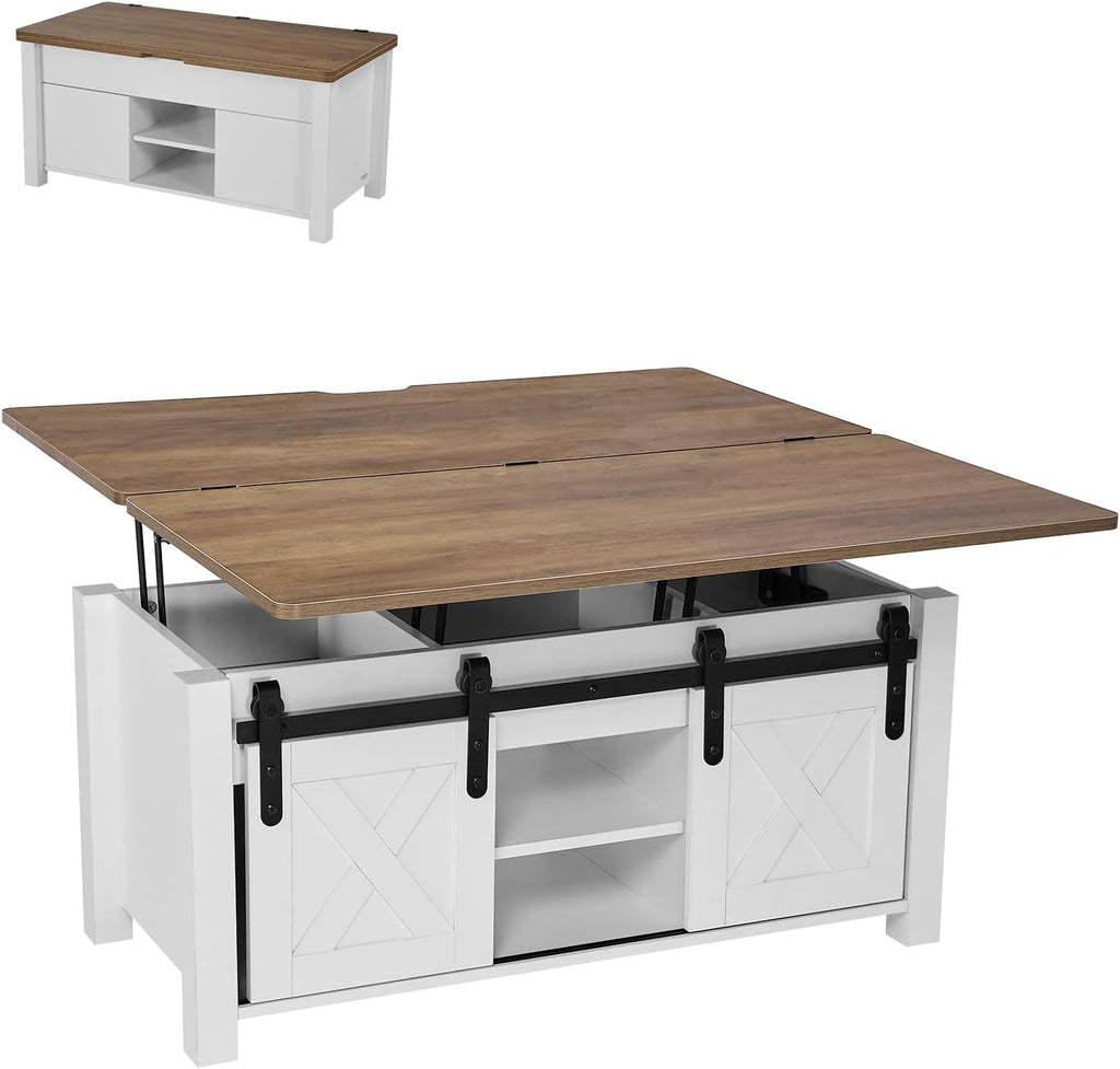 VEVOR 39.4 in Farmhouse Lift Top Coffee Table, Rustic Center Table with Barn Door and Hidden Storage Compartment, Modern Rectangle Lifting Tabletop for Living Room, Office, Home, Easy Assembly, White