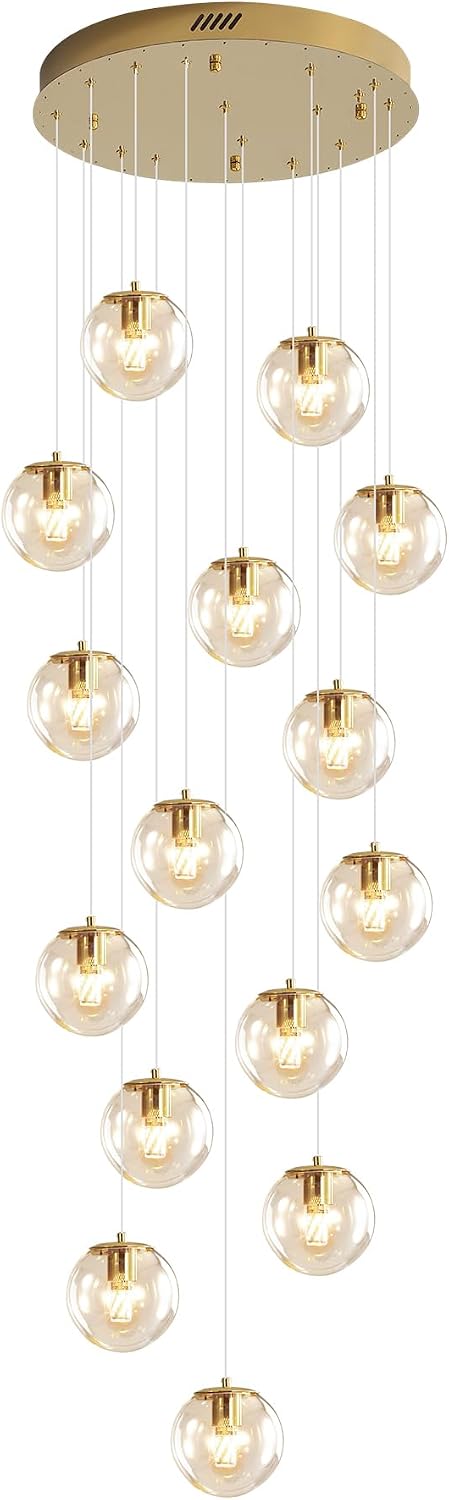 ykolupty 15-Light Gold Chandelier with Globe Glass Dimmable Ceiling Light Glass Pendant Light for Kitchen Island, Dining Room, Living Room, Entry Hallway, LED Bulbs Included