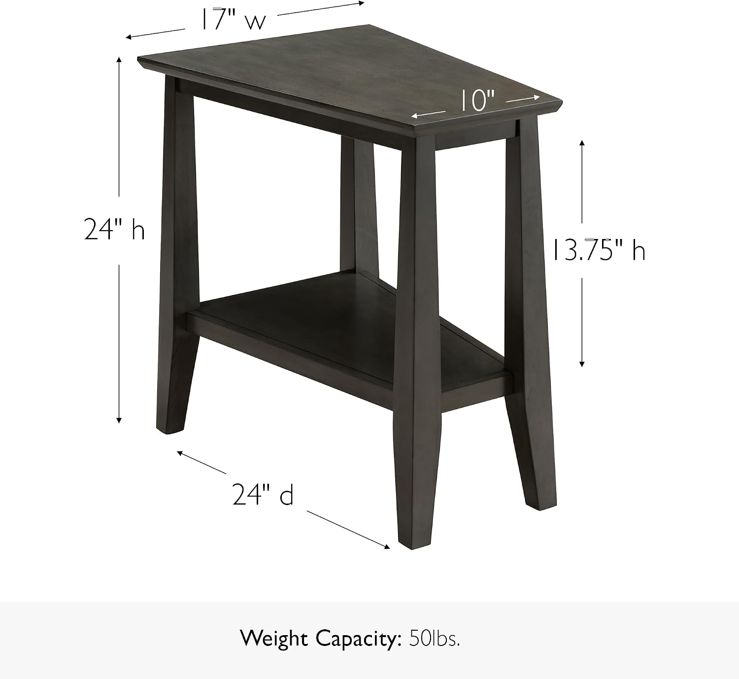 Leick Home Delton End Table, Solid Wood, Narrow Wedge Shape, Bottom Display Shelf, Easy-Assembly, For Living Room/Bedroom, Smoke Gray, 24.0 in. L x 14.0 in W x 24.0 in. H, 10402-GR