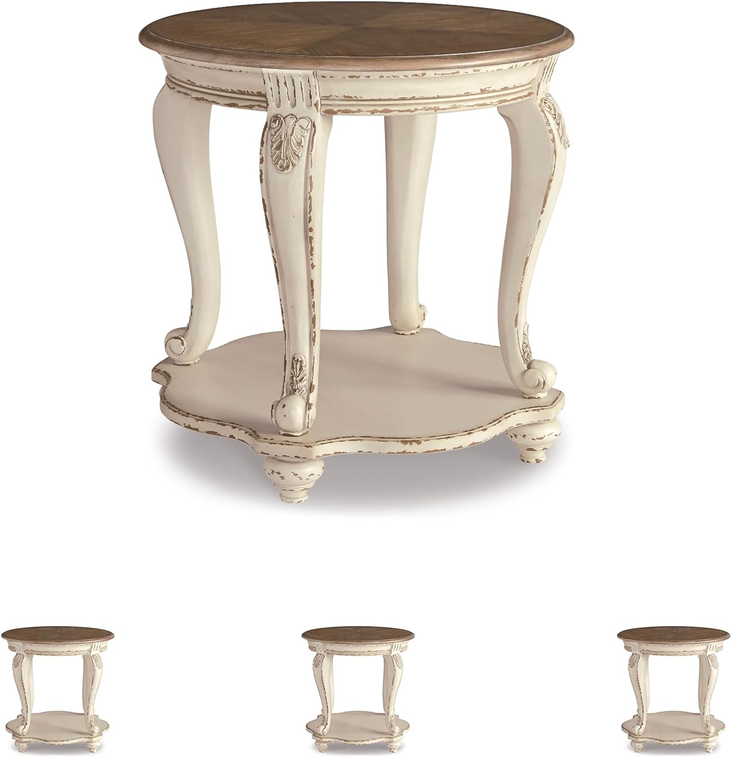 Signature Design by Ashley Realyn Round End Table, Cottage-Style Side Table with Antiqued Two-Tone Finish, Wood & Veneer Construction for Living Room or Bedroom, White/Brown