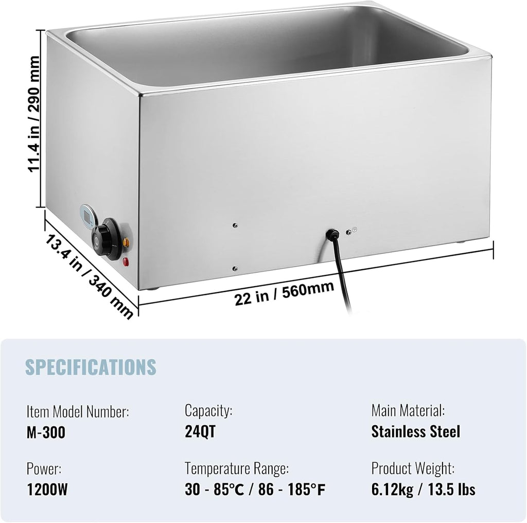 VEVOR Commercial Food Warmer 24QT Bain Marie 1200W Electric Buffet Steam Table - Countertop Stainless Steel for Wet or Dry Use - Parties, Catering and Restaurant